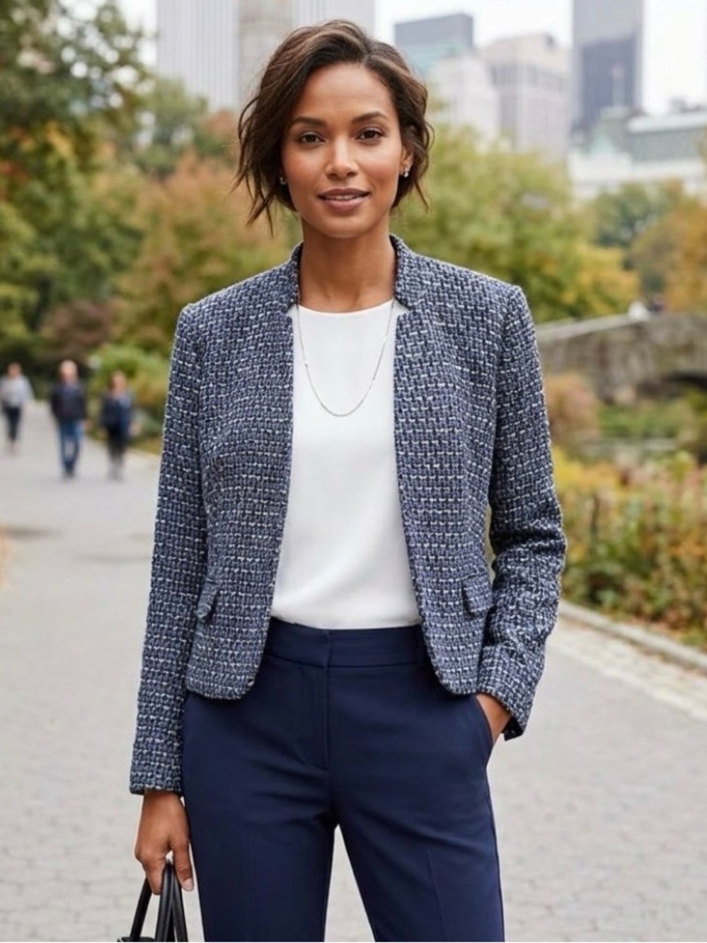 Calvin Klein Blue Black Tweed Collarless Blazer Jacket Flap Pockets Size 14